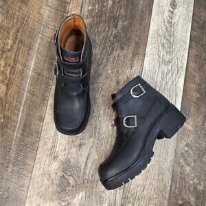 Harley Davidson Y2K Black Leather Engineer Moto Ankle Boots Buckle Chunky